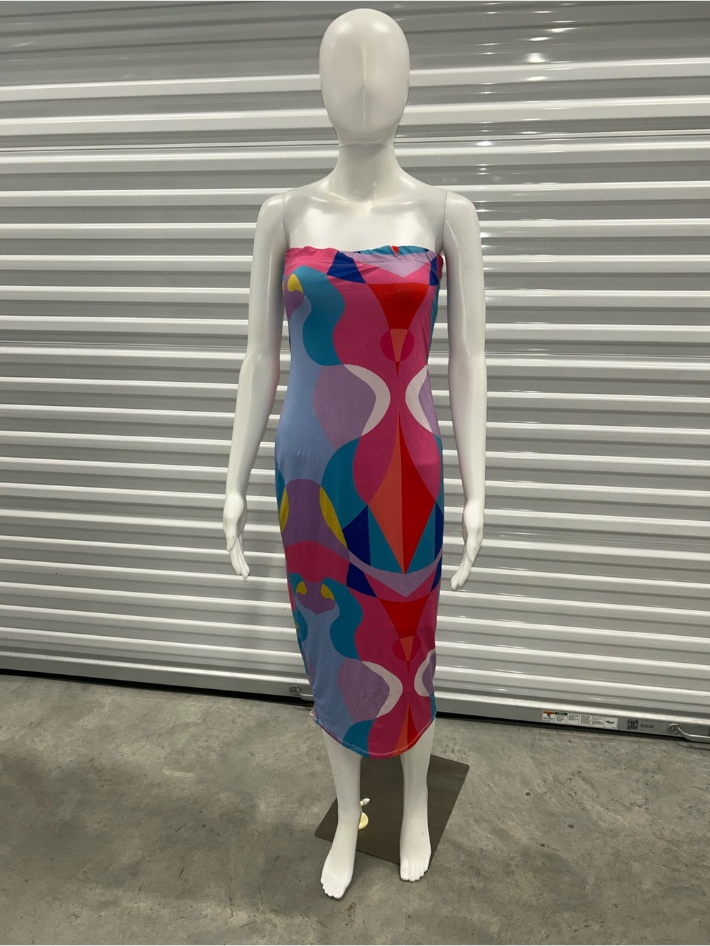 AKIRA Strapless Midi Dress in Pink, Blue, Purple and Red Geometric Print